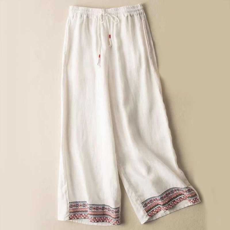 Spodnie damskie z szerokimi nogawkami i kieszeniami z szerokimi bawełnianymi paskami w stylu boho z motywem Buddha Stones - Biały - US14, UK/AU18, EU46 (4XL) - image 3