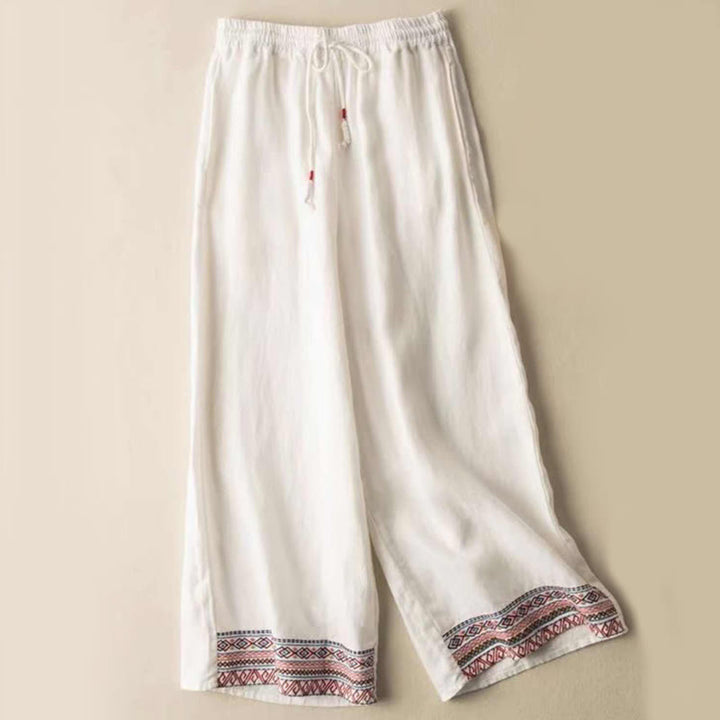 Spodnie damskie z szerokimi nogawkami i kieszeniami z szerokimi bawełnianymi paskami w stylu boho z motywem Buddha Stones - Biały - US14, UK/AU18, EU46 (4XL) - image 3