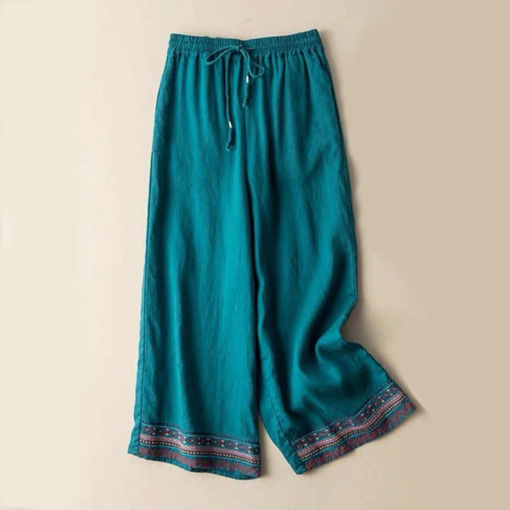 Spodnie damskie z szerokimi nogawkami i kieszeniami z szerokimi bawełnianymi paskami w stylu boho z motywem Buddha Stones - Ciemnocyjanowy - US14, UK/AU18, EU46 (4XL) - image 0