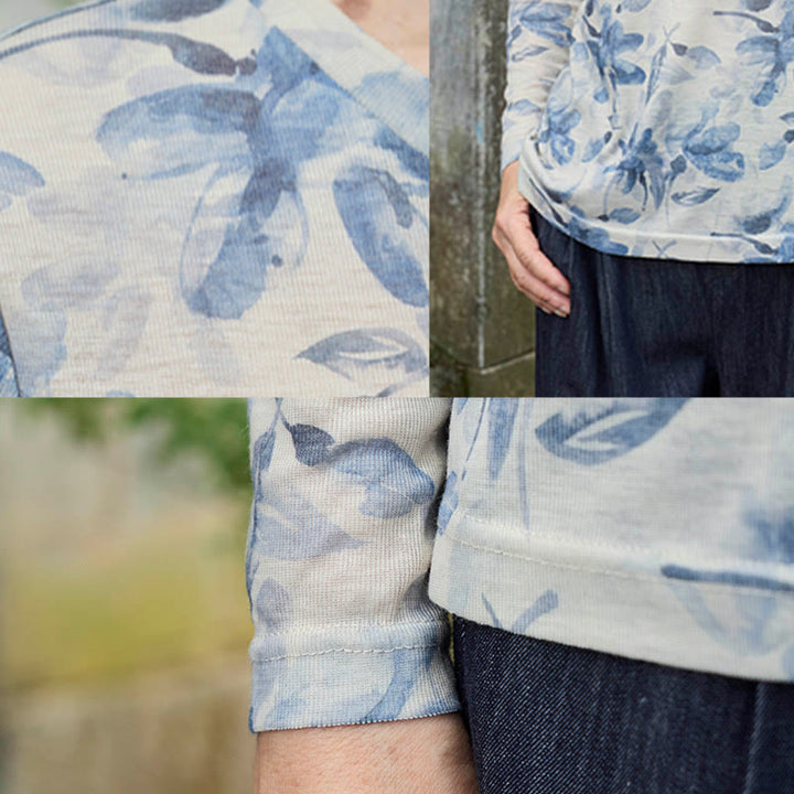 Koszulka damska z długim rękawem i kwiatowym nadrukiem „Buddha Stones Fall Blue” dla osób starszych - image 13