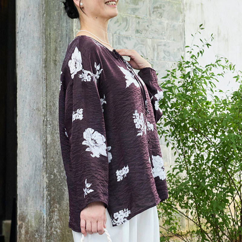 Koszula damska z długim rękawem i sznurowanymi guzikami w kolorze czarnym z motywem kwiatów Buddha Stones dla osób starszych - image 3