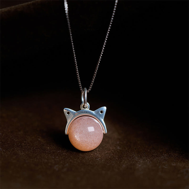 Naszyjnik z wisiorkiem i uzdrawiającym kotem z naturalnego pomarańczowego kamienia księżycowego, srebro próby 925, Buddha Stones - Łańcuch 10 mm + 0,8 mm - image 0