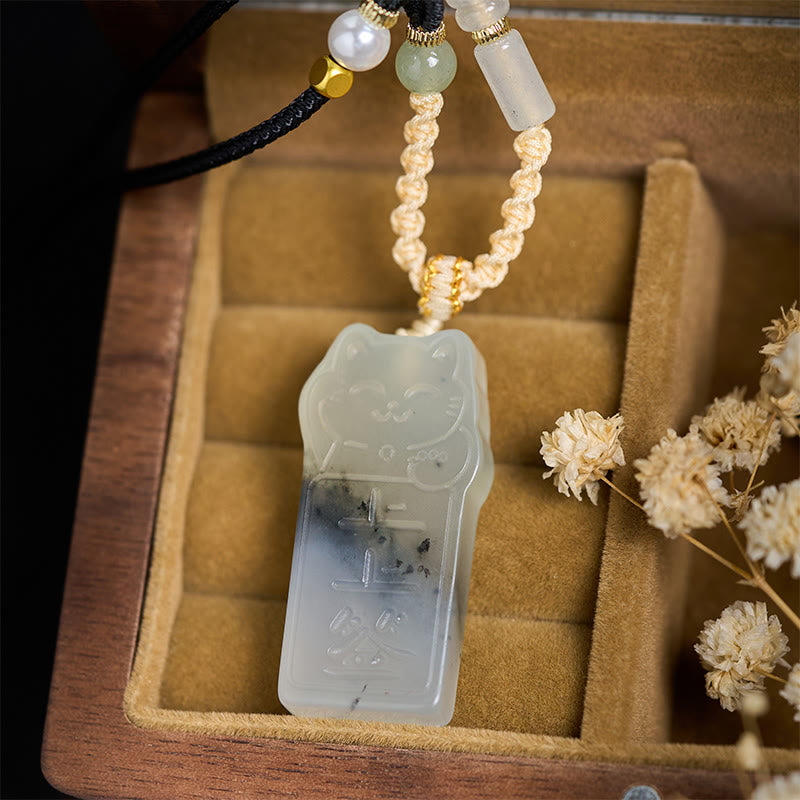 Naszyjnik z naturalnym jadeitem Xiuyan z Buddha Stones i kotem - image 2