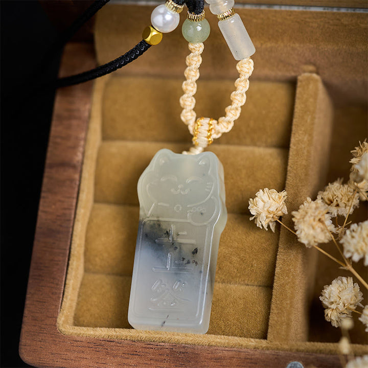 Naszyjnik z naturalnym jadeitem Xiuyan z Buddha Stones i kotem - image 2