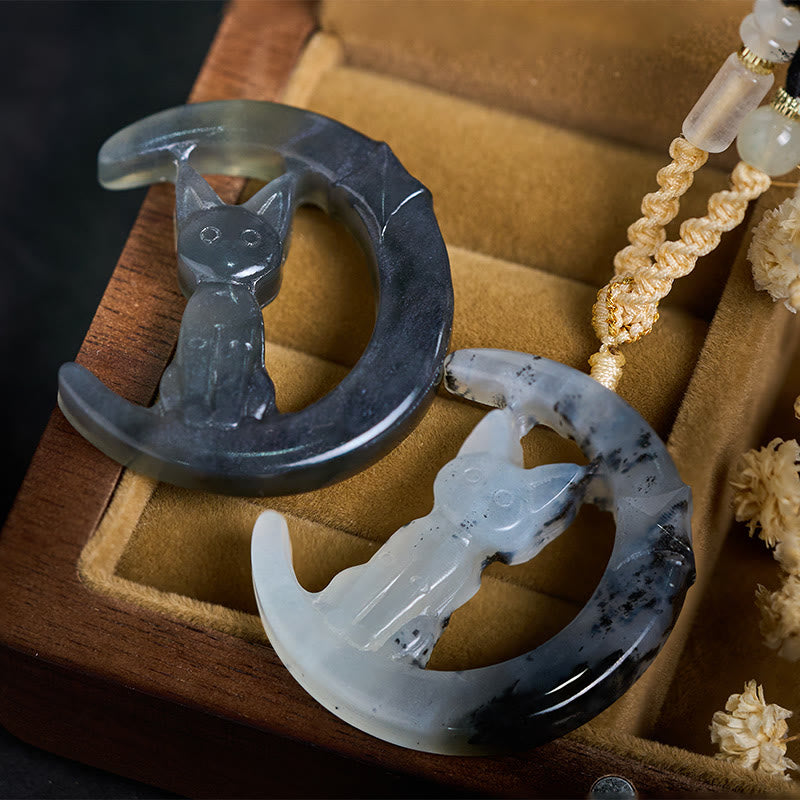 Naszyjnik z wisiorkiem z naturalnego jadeitu Xiuyan z Buddha Stones i półksiężycem w kształcie kota - image 3