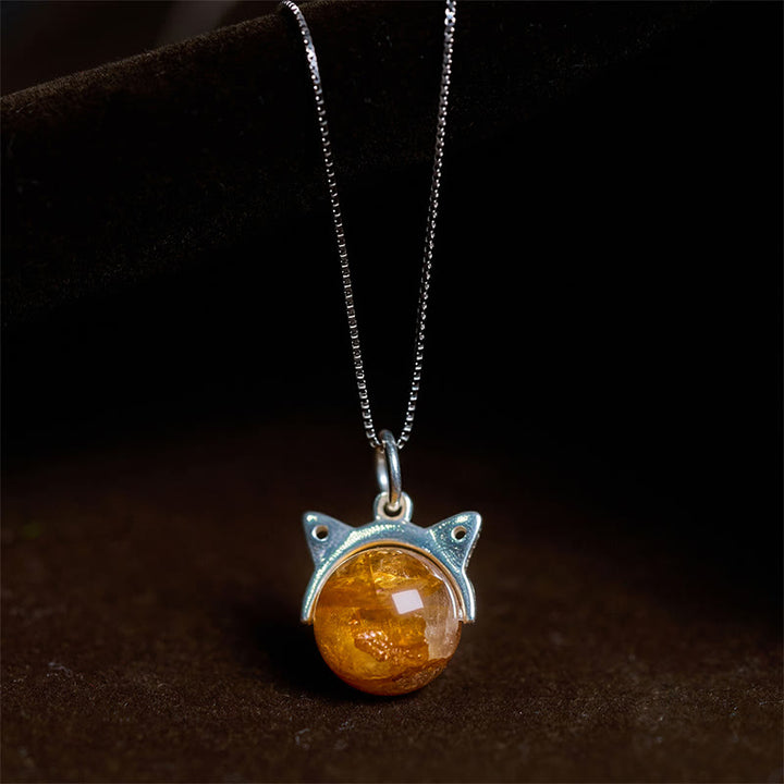 Naszyjnik z Buddha Stones ze srebra próby 925, naturalny kwarc z żółtym kwiatem i kotem, wisiorek z motywem bogactwa - Łańcuch 10 mm + 0,8 mm - image 0