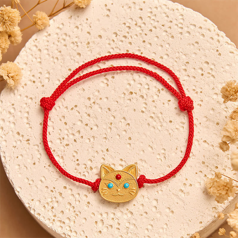 Bransoletka z czerwonego sznurka z motywem kota i Buddha Stones próby 925 - image 1