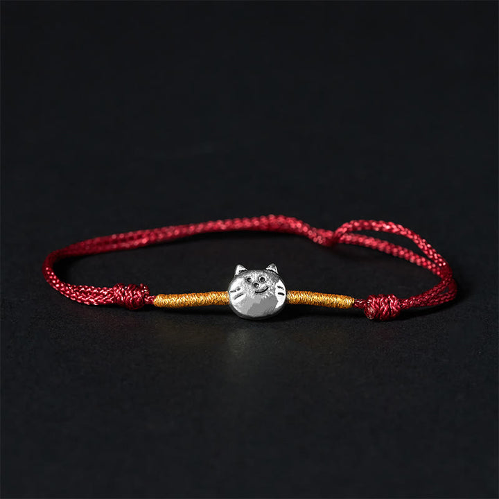 Bransoletka pleciona z czerwonego sznurka z uroczym kotem i Buddha Stones ze srebra próby 925 - Złoty czerwony sznurek (obwód nadgarstka 14-18 cm) - image 0