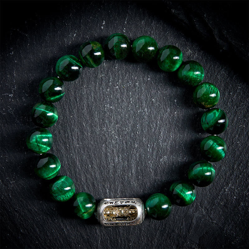 Bransoletka z Buddha Stones, naturalnym zielonym tygrysim okiem , Om Mani Padme Hum i pozytywną siłą - image 1