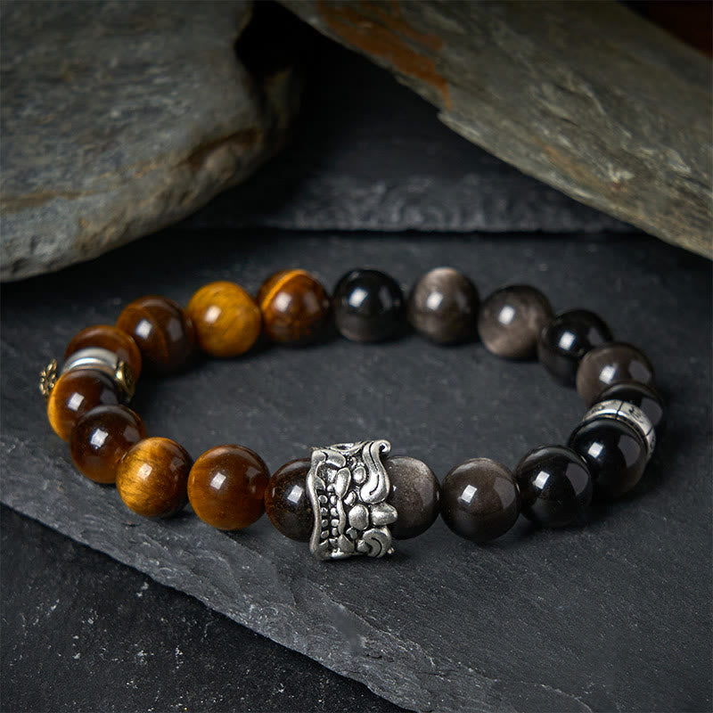 Bransoletka z Buddha Stones, tygrysie oko, srebrny połysk, obsydian, Om Mani Padme Hum, koń PiXiu, bestia, odwaga - image 1