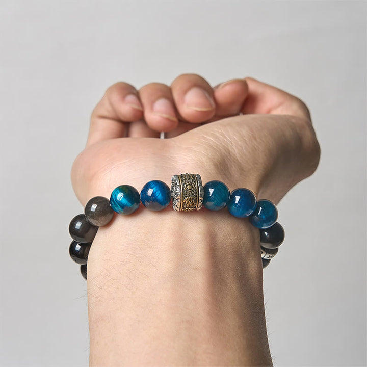 Buddha Stones Naturalny srebrny połysk Obsydian Niebieskie oko tygrysa Om Mani Padme Hum Bransoletka komunikacyjna - image 3