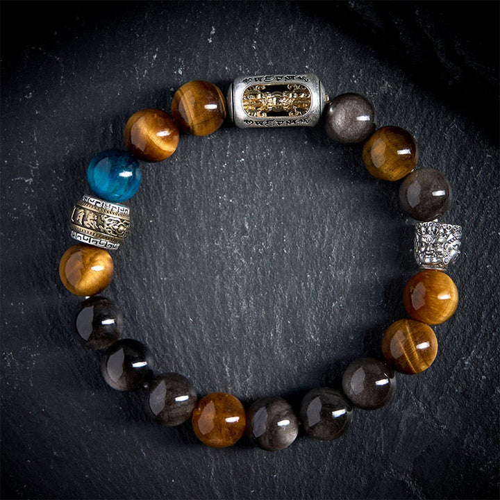 Bransoletka z Buddha Stones w srebrnym połysku z obsydianu i tygrysiego oka Om Mani Padme Hum z trójlicowym Buddą - image 2
