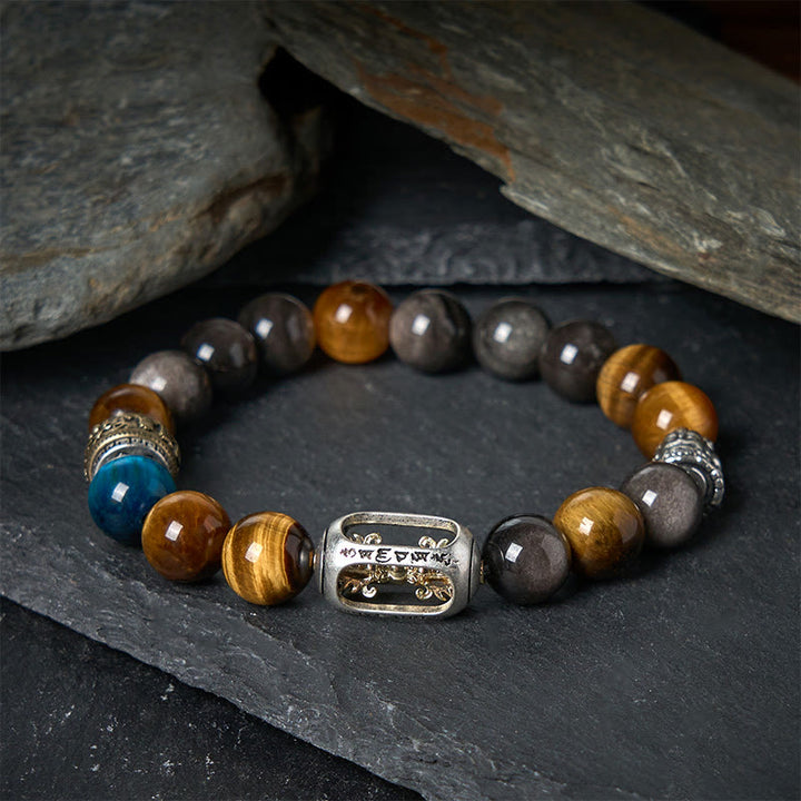Bransoletka z Buddha Stones w srebrnym połysku z obsydianu i tygrysiego oka Om Mani Padme Hum z trójlicowym Buddą - image 1