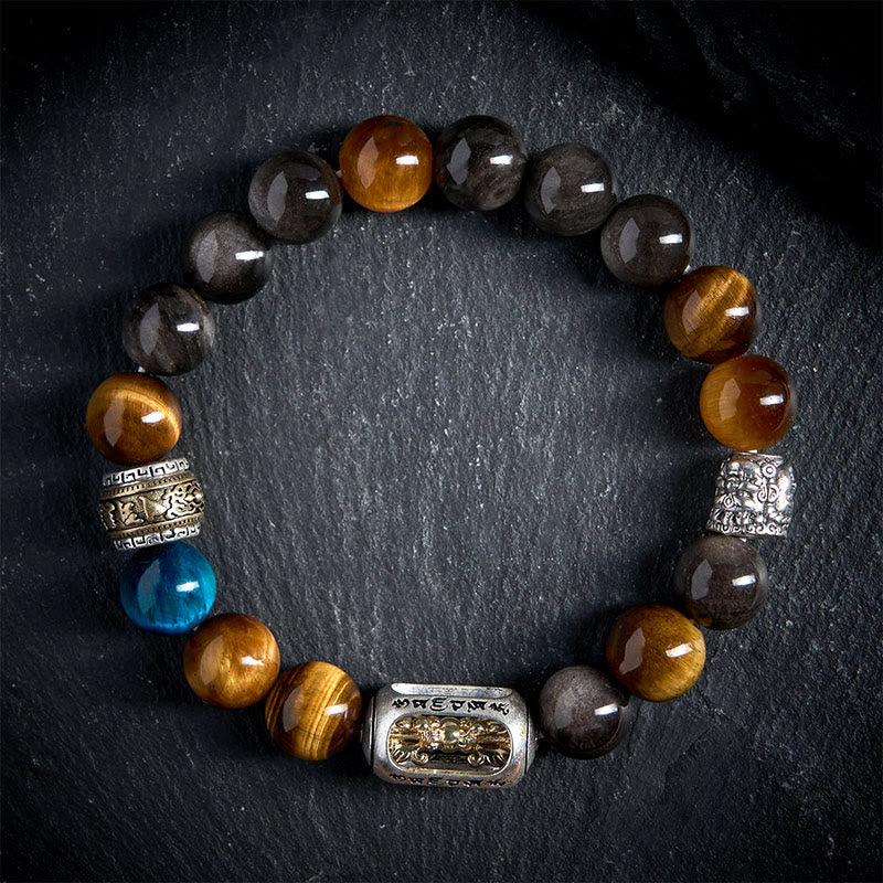 Bransoletka z Buddha Stones w srebrnym połysku z obsydianu i tygrysiego oka Om Mani Padme Hum z trójlicowym Buddą - 20 cm - image 0