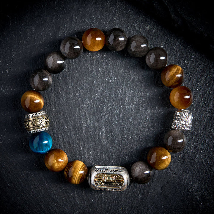 Bransoletka z Buddha Stones w srebrnym połysku z obsydianu i tygrysiego oka Om Mani Padme Hum z trójlicowym Buddą - 20 cm - image 0