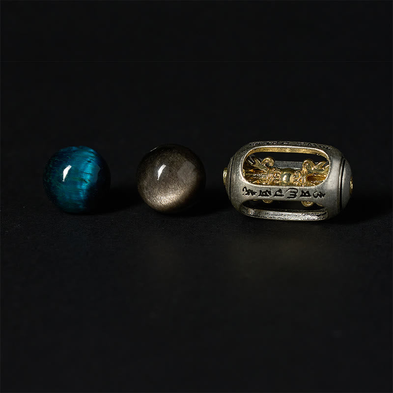 Bransoletka z Buddha Stones w srebrnym połysku z obsydianu i tygrysiego oka Om Mani Padme Hum z trójlicowym Buddą - image 9