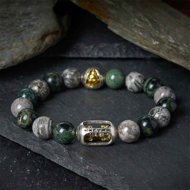 Buddha Stones Naturalny szary jaspis Kambamba Jaspis Om Mani Padme Hum Bezkształtna bransoletka uzdrawiająca Buddę - 20 cm - image 0