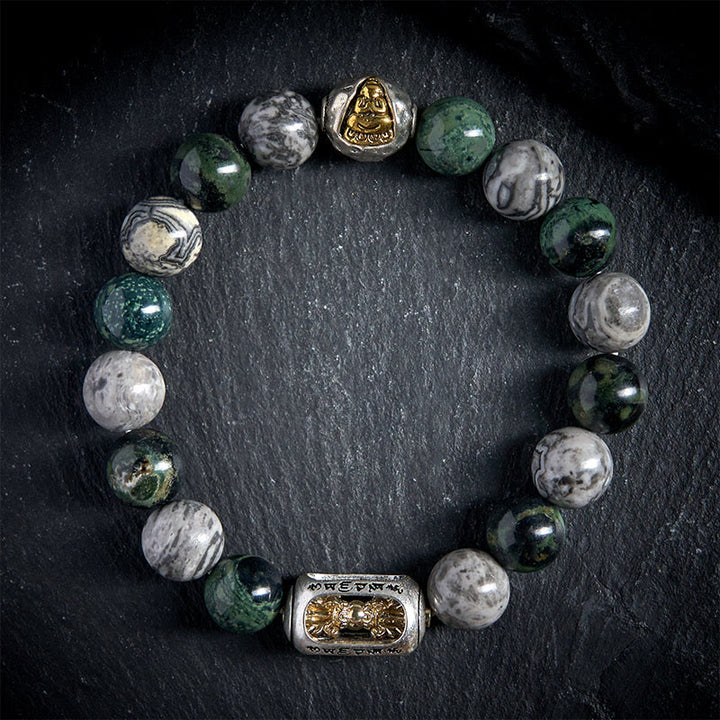 Buddha Stones Naturalny szary jaspis Kambamba Jaspis Om Mani Padme Hum Bezkształtna bransoletka uzdrawiająca Buddę - image 1