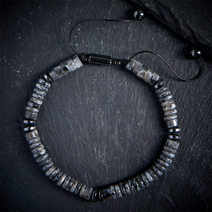 Bransoletka z liną wzmacniającą z małych czarnych Buddha Stones obsydianu, zielonego awenturynu i szarego jaspisu z tygrysim okiem - Szary jaspis (obwód nadgarstka: 15-20 cm) - image 7