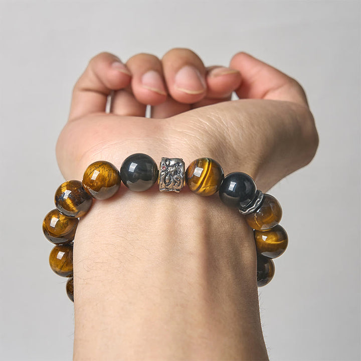 Bransoletka ochronna na głowę Buddy z Buddha Stones, tygrysim okiem i srebrnym połyskiem obsydianu - image 3