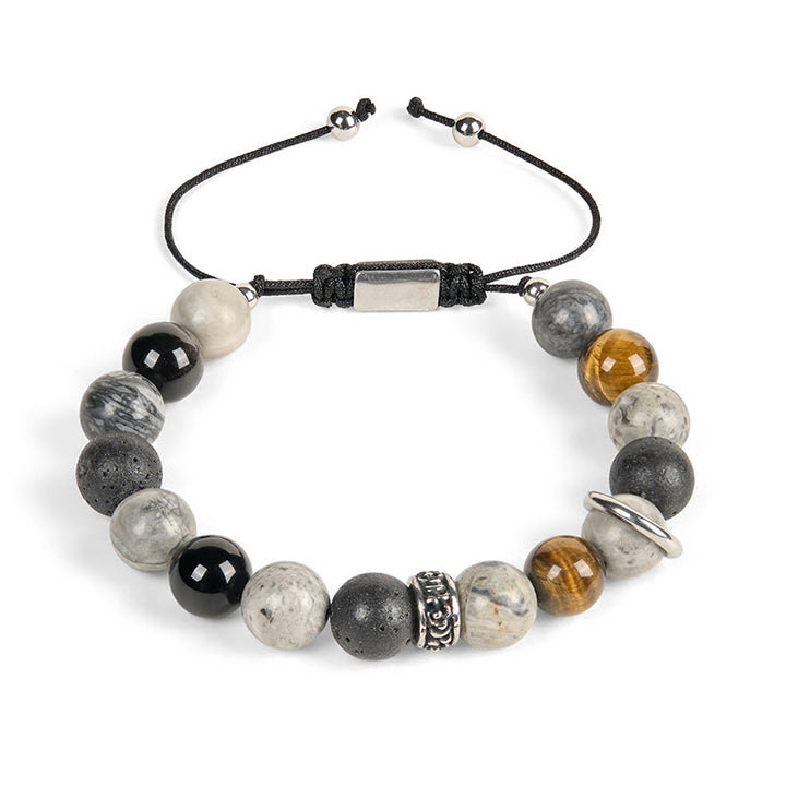 Bransoletka lecznicza z Buddha Stones , szarego jaspisu, lawy wulkanicznej i obsydianu z tygrysim okiem w srebrnym połysku - image 4