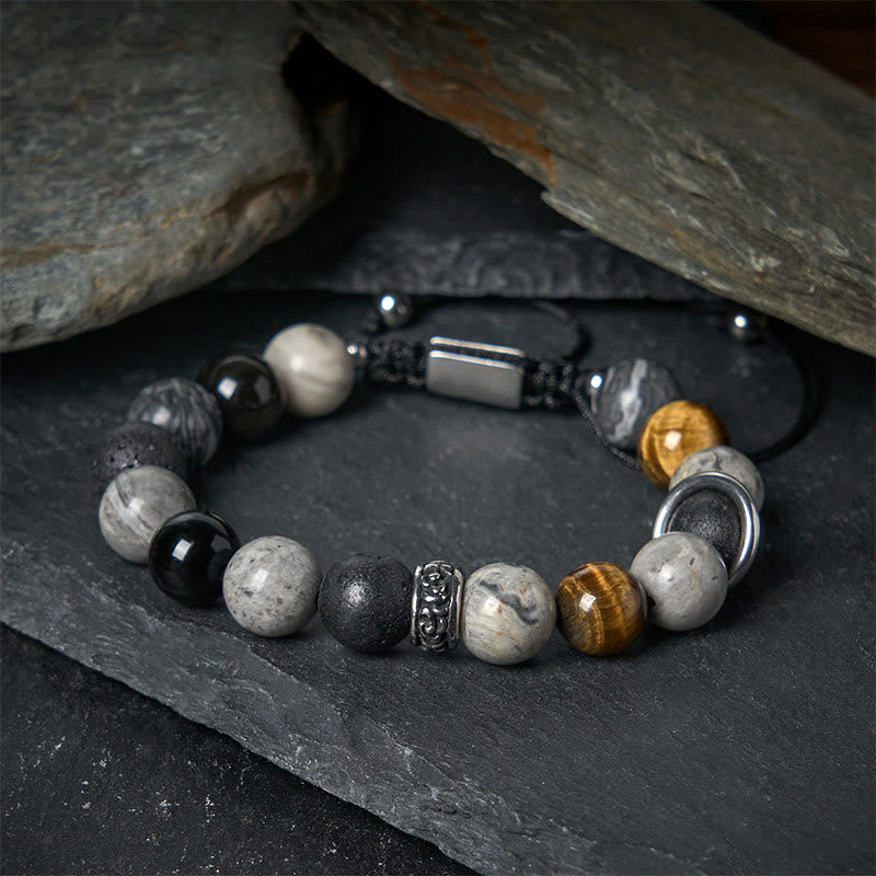 Bransoletka lecznicza z Buddha Stones , szarego jaspisu, lawy wulkanicznej i obsydianu z tygrysim okiem w srebrnym połysku - Szary jaspis (obwód nadgarstka: 15-17 cm) - image 0