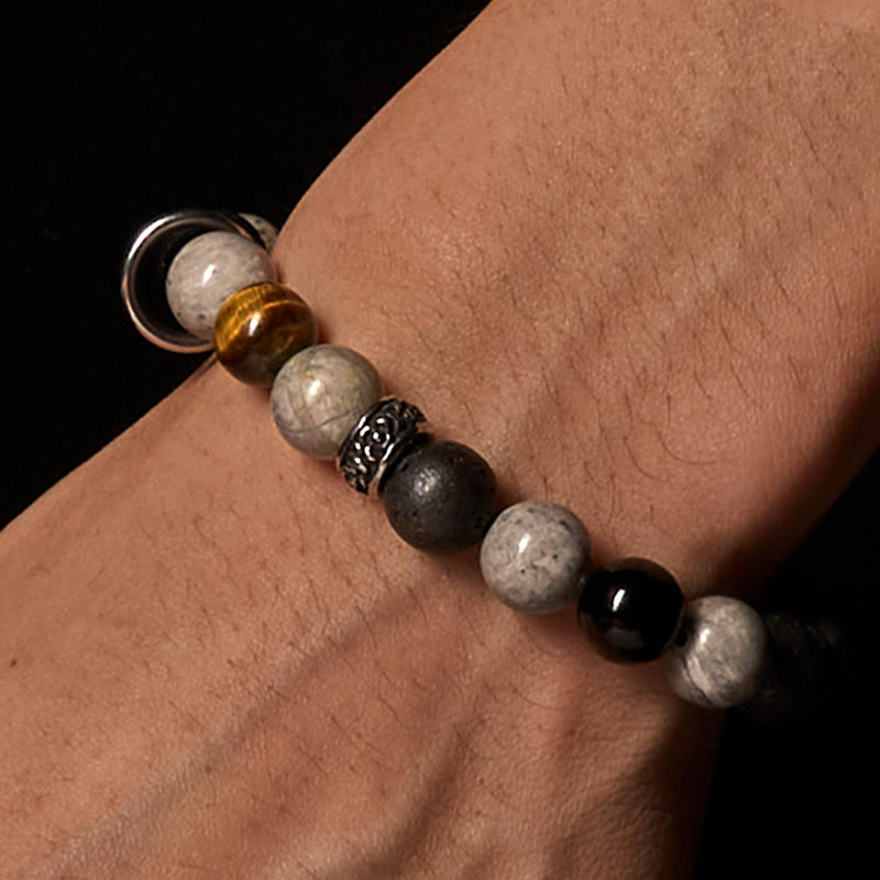 Bransoletka lecznicza z Buddha Stones , szarego jaspisu, lawy wulkanicznej i obsydianu z tygrysim okiem w srebrnym połysku - image 2