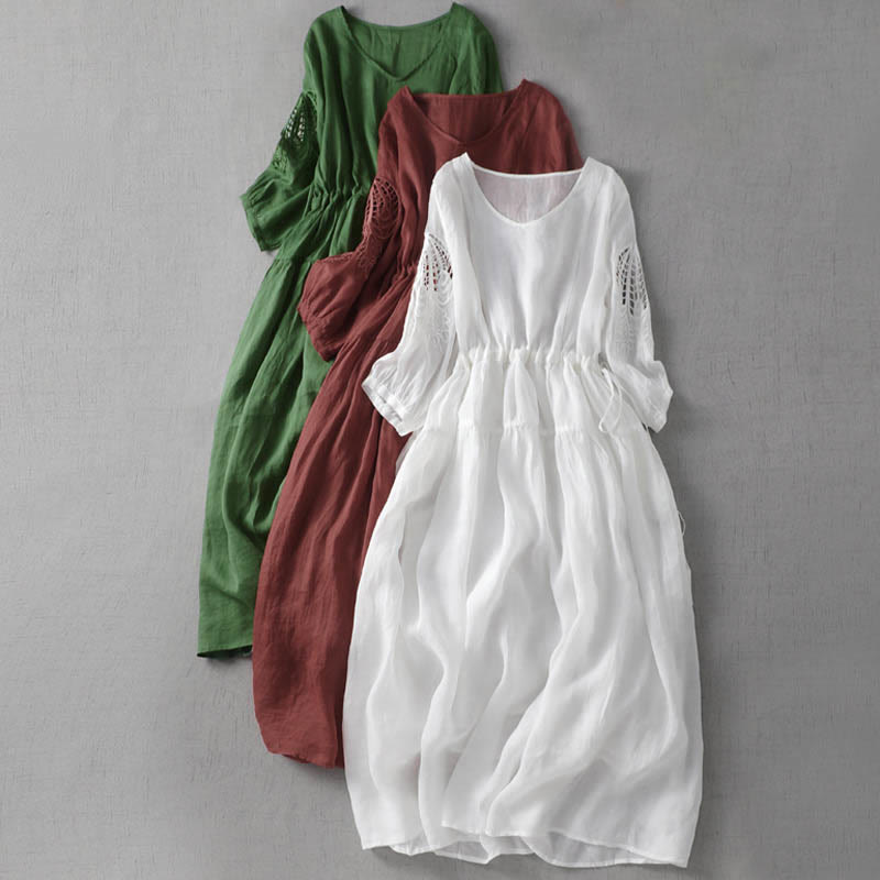 Sukienka midi z haftowanymi Buddha Stones, długimi bufiastymi rękawami i ściągaczem, z kieszeniami - image 0