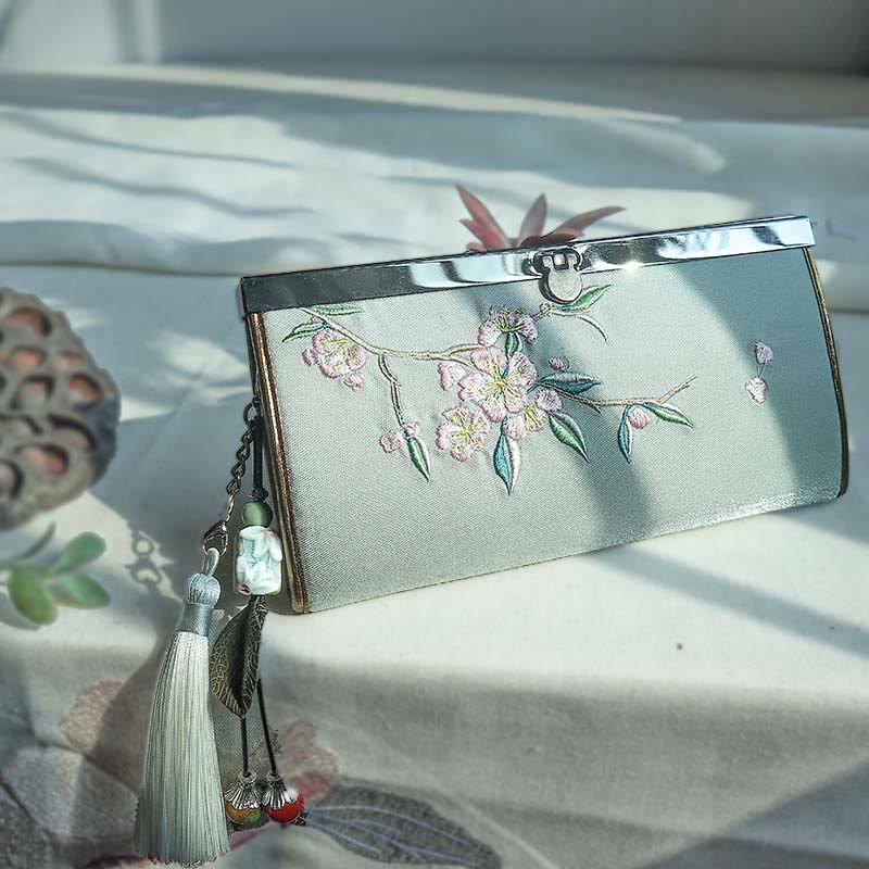 Buddha Stones Kwiat Śliwka Brzoskwinia Bambus Dwustronny haft Duża pojemność Portfel na gotówkę Portfel na zakupy - Zielone kwiaty brzoskwini - image 8