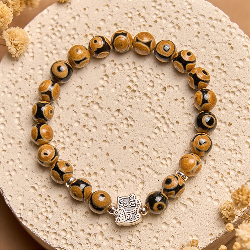 Bransoletka z Buddha Stones ze srebra próby 925 z brązowym pręgowanym kotem i koralikami z kamieniami błogosławieństwa - image 2