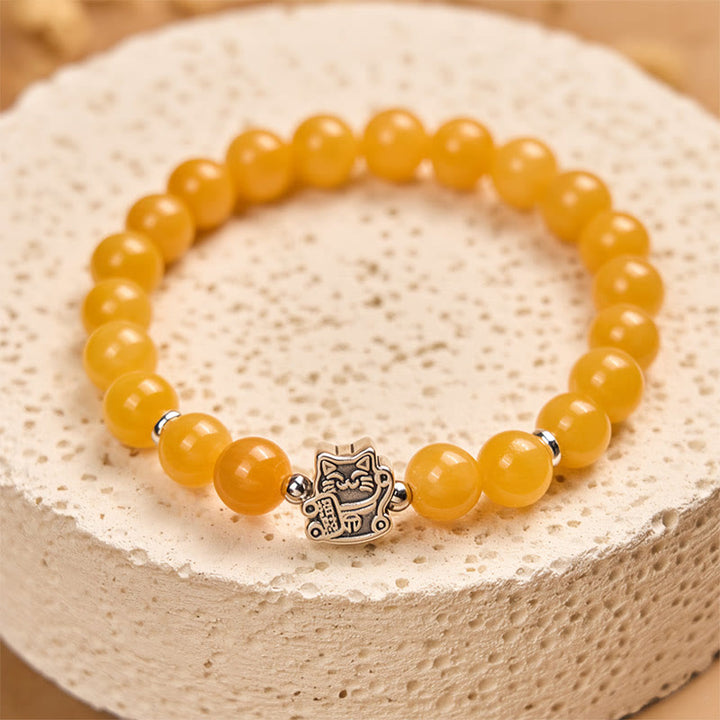 Bransoletka z Buddha Stones ze srebra próby 925 z pomarańczowym pręgowanym kotem i żółtym chalcedonem - image 2