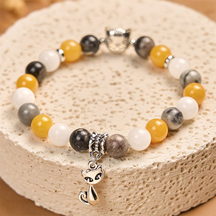 Bransoletka lecznicza z koralików chalcedonowych z naturalnego szarego jaspisu z kamieni Buddha Stones Calico Cat - image 2
