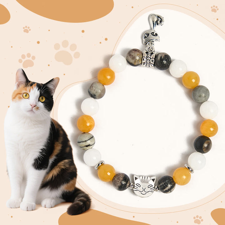 Bransoletka lecznicza z koralików chalcedonowych z naturalnego szarego jaspisu z kamieni Buddha Stones Calico Cat - Kot kaliko (obwód nadgarstka: 15-16 cm) - image 0