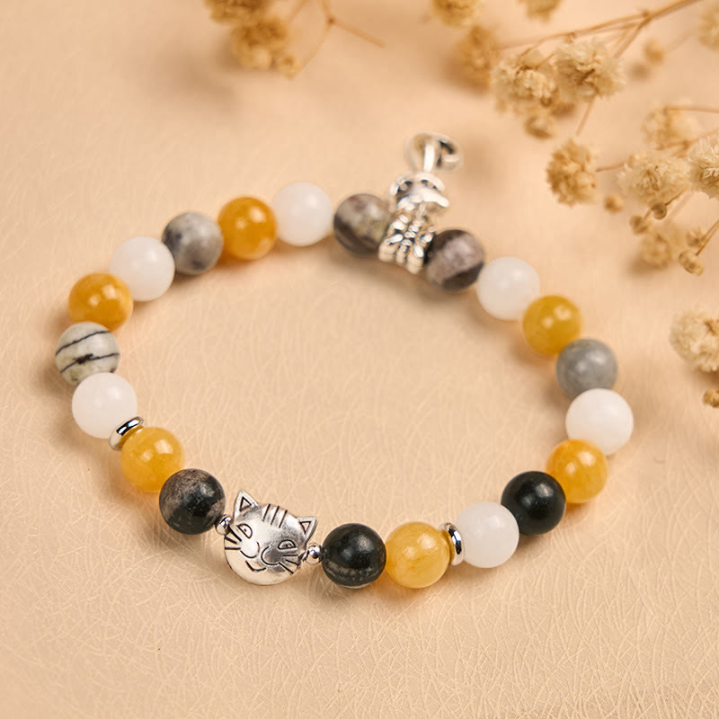 Bransoletka lecznicza z koralików chalcedonowych z naturalnego szarego jaspisu z kamieni Buddha Stones Calico Cat - image 1