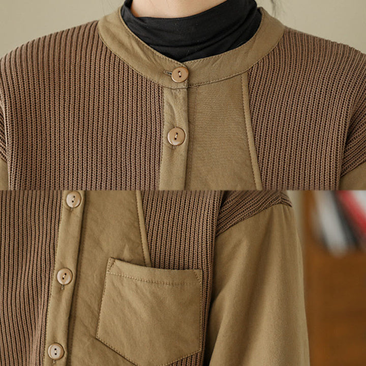 Kurtka damska z długim rękawem z bawełny Buddha Stones Commute Plain Patchwork Design z kieszenią - image 6