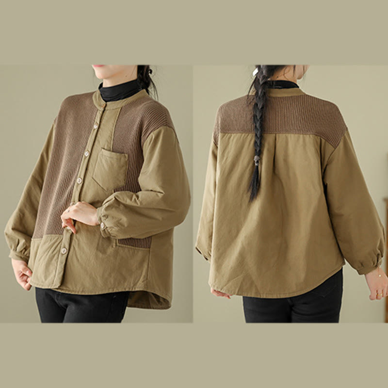 Kurtka damska z długim rękawem z bawełny Buddha Stones Commute Plain Patchwork Design z kieszenią - image 9