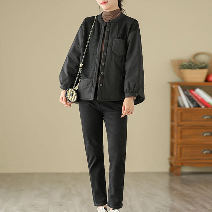 Kurtka damska z długim rękawem z bawełny Buddha Stones Commute Plain Patchwork Design z kieszenią - image 14