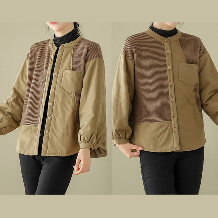 Kurtka damska z długim rękawem z bawełny Buddha Stones Commute Plain Patchwork Design z kieszenią - image 8