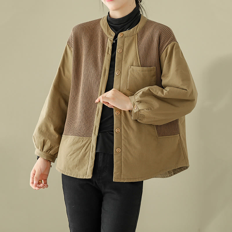 Kurtka damska z długim rękawem z bawełny Buddha Stones Commute Plain Patchwork Design z kieszenią - image 2