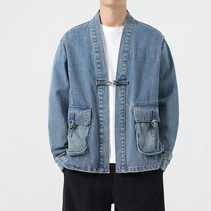 Kurtka męska z długim rękawem z bawełny i kieszeniami, dżinsowa, z guzikami i motywem Buddha Stones - LightSkyBlue - US/UK/AU48， EU58(5XL) - image 11