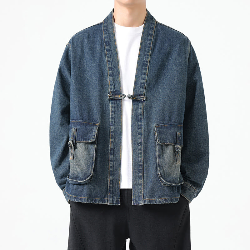 Kurtka męska z długim rękawem z bawełny i kieszeniami, dżinsowa, z guzikami i motywem Buddha Stones - Stalowoniebieski - US/UK/AU48， EU58(5XL) - image 18