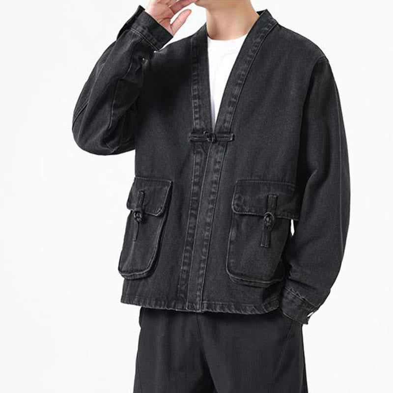 Kurtka męska z długim rękawem z bawełny i kieszeniami, dżinsowa, z guzikami i motywem Buddha Stones - image 3