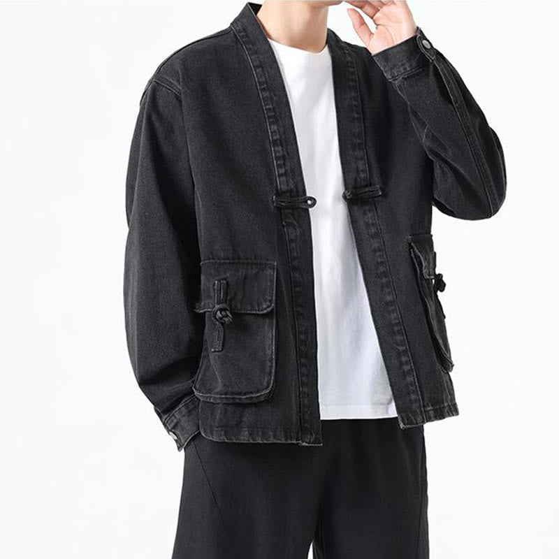 Kurtka męska z długim rękawem z bawełny i kieszeniami, dżinsowa, z guzikami i motywem Buddha Stones - image 1