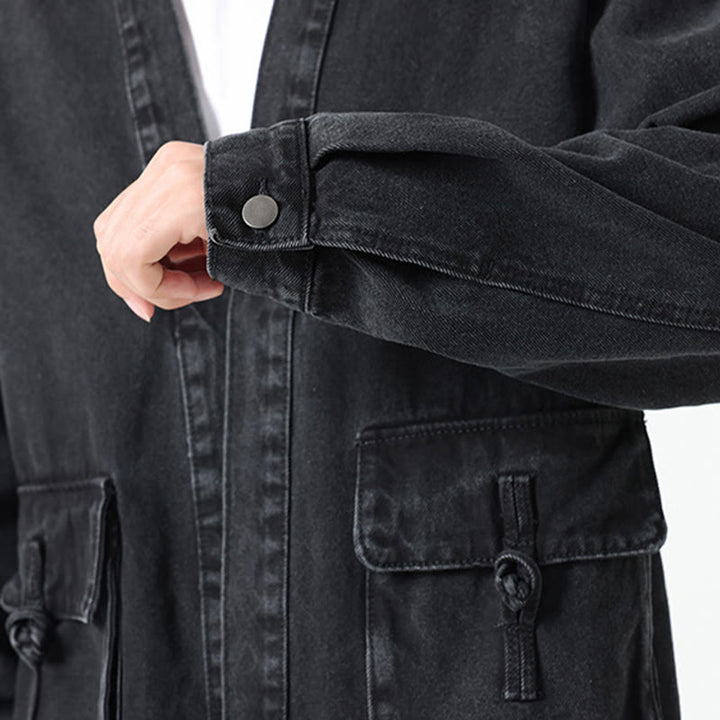 Kurtka męska z długim rękawem z bawełny i kieszeniami, dżinsowa, z guzikami i motywem Buddha Stones - image 9