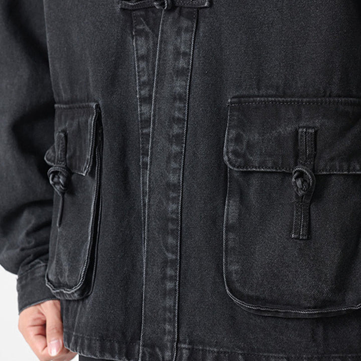 Kurtka męska z długim rękawem z bawełny i kieszeniami, dżinsowa, z guzikami i motywem Buddha Stones - image 10