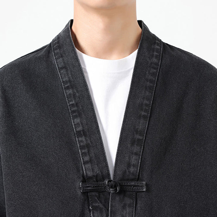 Kurtka męska z długim rękawem z bawełny i kieszeniami, dżinsowa, z guzikami i motywem Buddha Stones - image 7