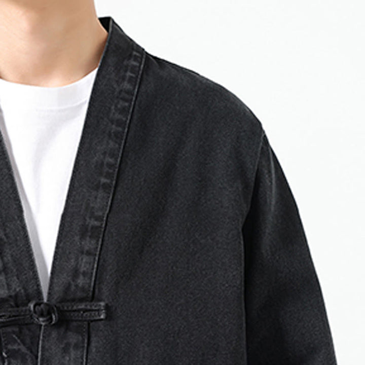 Kurtka męska z długim rękawem z bawełny i kieszeniami, dżinsowa, z guzikami i motywem Buddha Stones - image 8