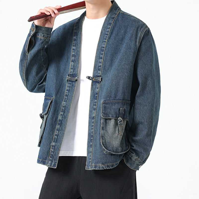 Kurtka męska z długim rękawem z bawełny i kieszeniami, dżinsowa, z guzikami i motywem Buddha Stones - image 21