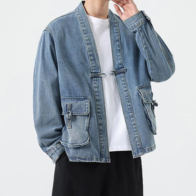 Kurtka męska z długim rękawem z bawełny i kieszeniami, dżinsowa, z guzikami i motywem Buddha Stones - image 12