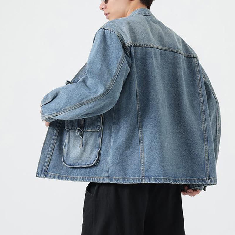 Kurtka męska z długim rękawem z bawełny i kieszeniami, dżinsowa, z guzikami i motywem Buddha Stones - image 15